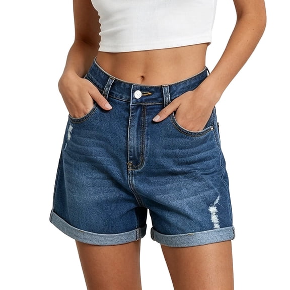 SBYOJLPB Denim Shorts for Women Mid Rise Ripped Jean Shorts Stretchy Folded Hem Hot Short Jeans Dark Blue 4(S)