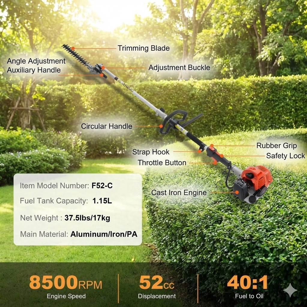 JUVOCT 52CC 6-in-1 Multi-Function Gas Tool, Hedge Trimmer, Weed Eater, Brush Cutter, Edger with Extension Pole