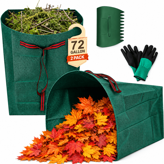 PUCACHI 2 Pack 72 Gallons Garden Waste Bags, Heavy Duty Reusable Collapsible Lawn and Leaf Bags with Leaf Scoops, Gloves and Reinforced Handles
