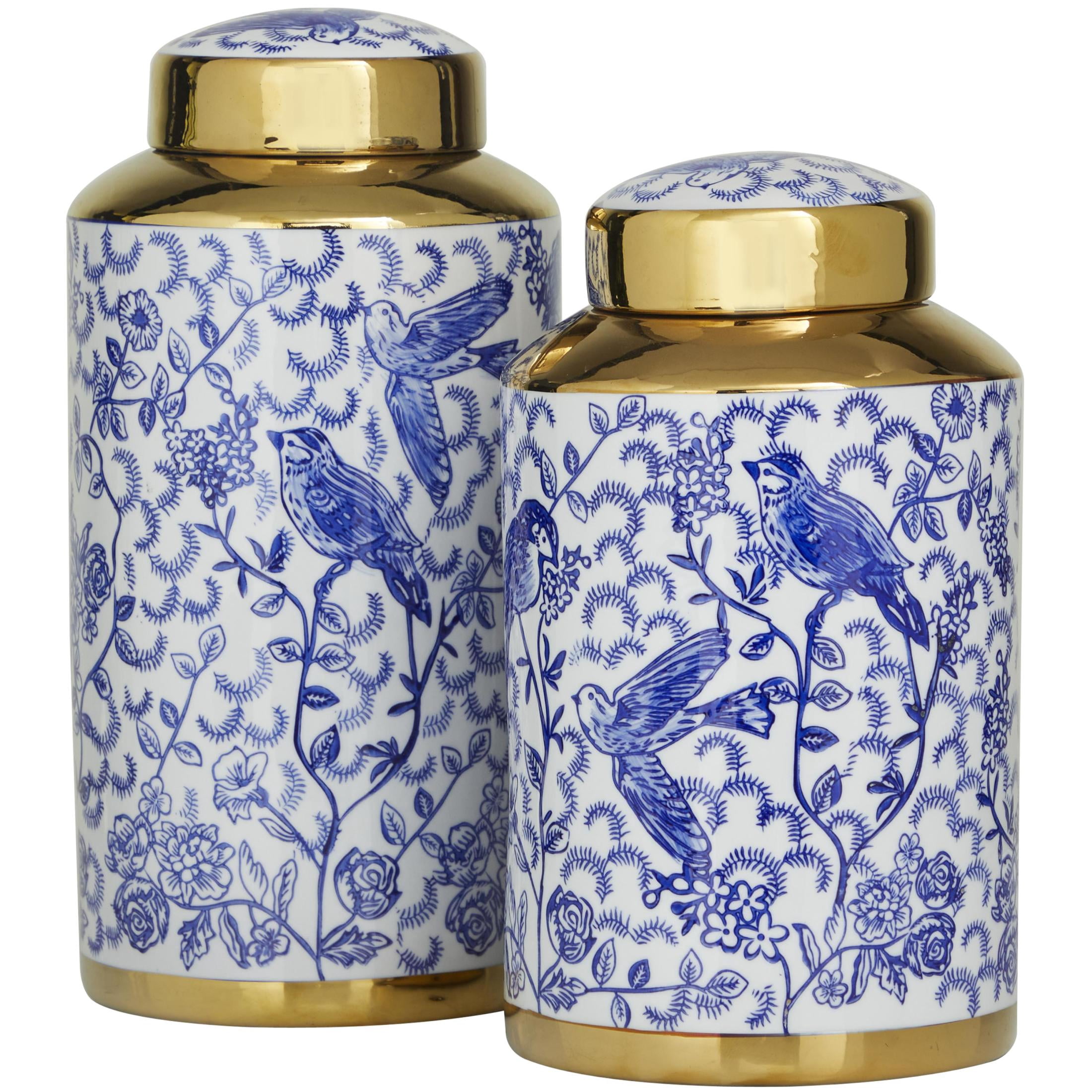 DecMode 14", 12"H Blue Ceramic Floral Decorative Jars with Gold Accents, 2-Pieces