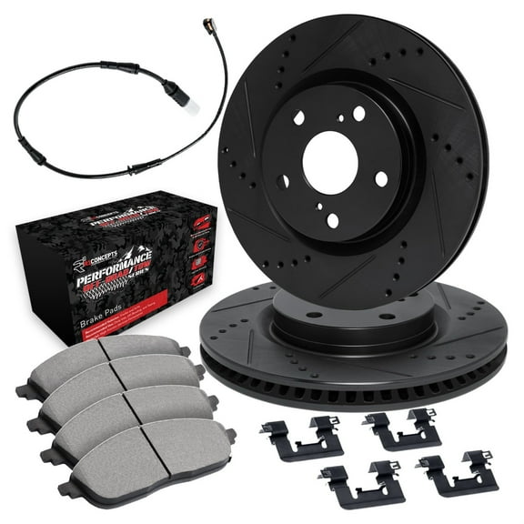 R1 Concepts Drilled and Slotted Black Disc Brake Rotor Set with Off-Road/Tow Brake Pads, Sensor, and Hardware WHVS1-63003