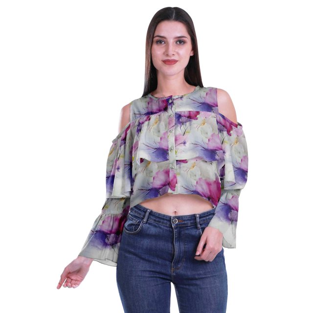 Moomaya Button Front Cold Shoulder Top Printed Casual Loose Blouse Short Top