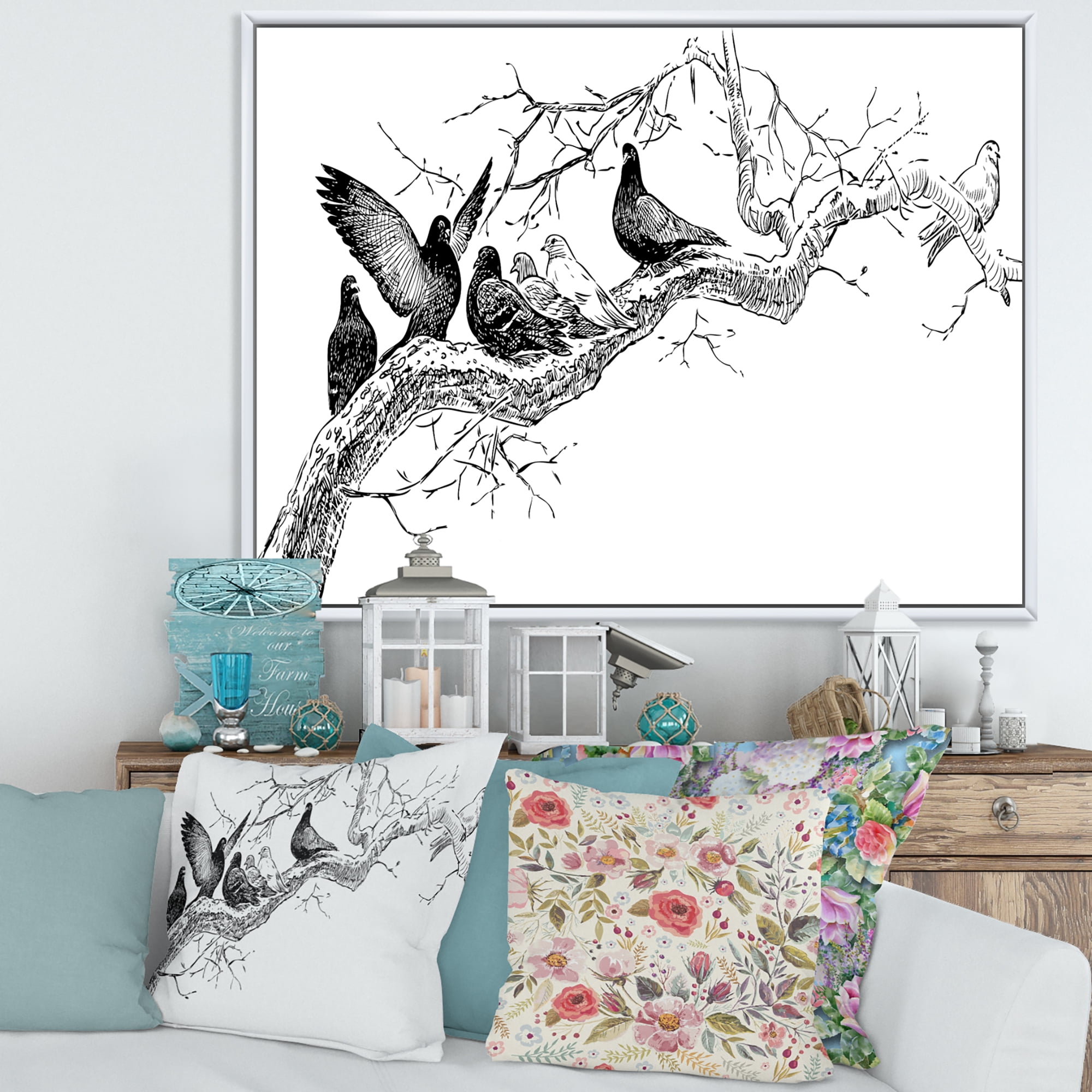 Pigeons Sitting On The Tree Branch 32 in x 24 in Framed Drawing Canvas Art Print, by Designart