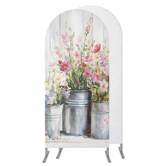 Daisies Flowers Wedding Arch Cover,Stretchy Spandex Arch Backdrop Stand Covers 5 FT,Watercolor Vintage Potted Plant Wooden Round Top Arched Backdrop Cover for Birthday Party Ceremony Baby Shower