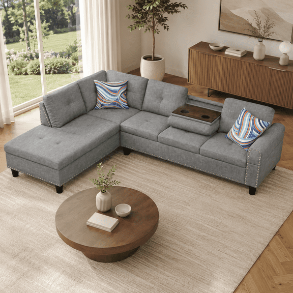 Momspeace 3 Piece Sectional Sofa with Cup Holder, 98" Linen L-Shaped Sofa for Living Room, Gray