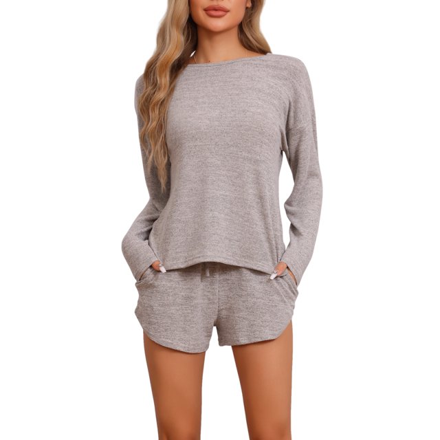 Conjunto de pijamas para mujer INSPIRE CHIC de manga larga, con cintura elástica, parte superior y pantalones cortos, conjunto de ropa de casa, sudadera con bolsillos, talla XL, color beige