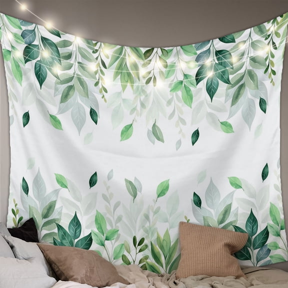 Green Leaf Tapestry for Bedroom Wall Hanging Tapestry, Fall Plant Country Vintage Watercolor White Ceiling Backdrop Tapestries Poster Blanket Wall Decor for Teens Room Living Room Dorm 51" x 59"