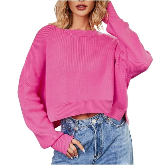 HAiming Women's Cropped Pullover Sweaters Casual Long Sleeve Crewneck Solid Warm Winter Loose Knitted Tops