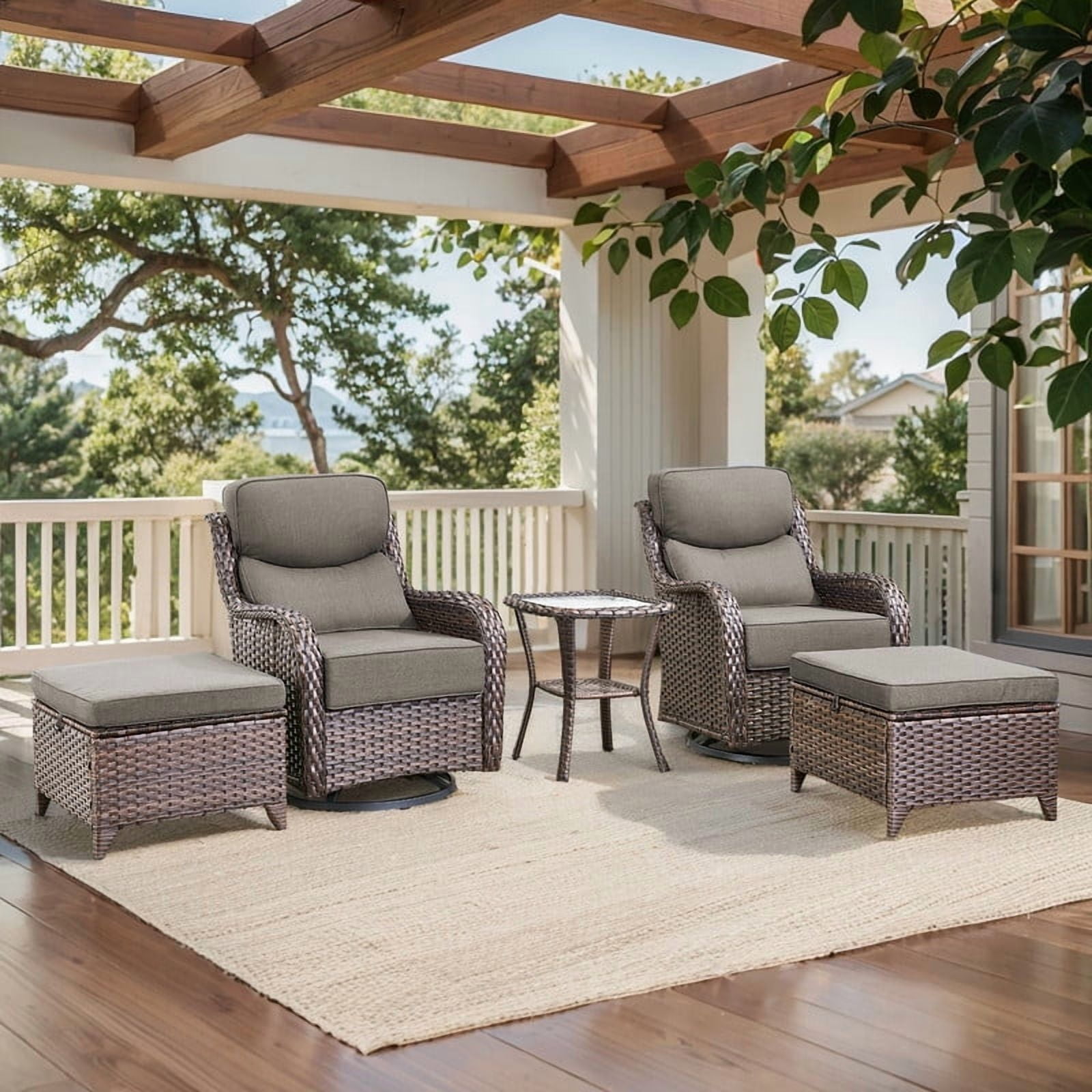 Outdoor Conversation Sets 5-Piece Patio Wicker Rattan Furniture Set with Swivel Rocking Chairs, Ottomans, Side Table and Upgrade 6" Cushions for Balcony Deck Backyard, Gray