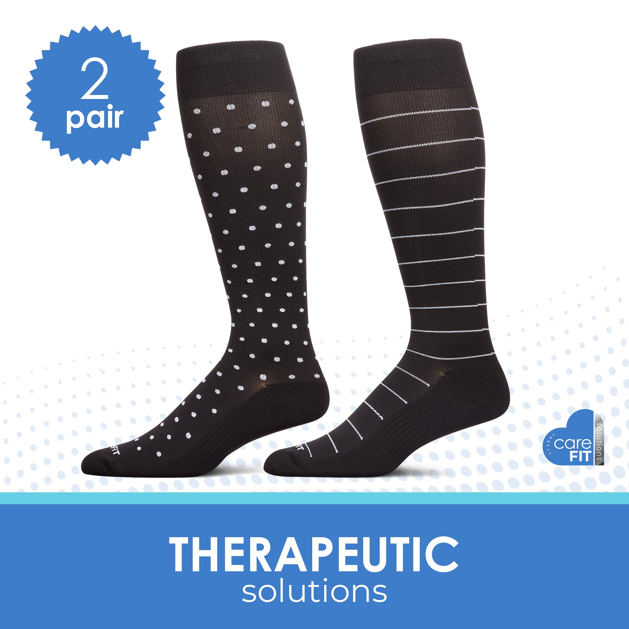 Care Fit Solutions 2 Pair Pack Polka Dot Striped Cotton Blend Graduated Compression Socks.