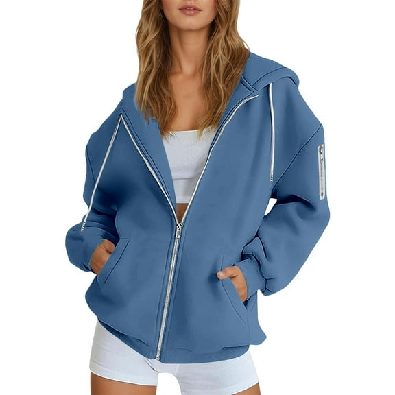 Unir Womens Fall Hoodies Casual Solid Full Zip Sweatshirts Long Sleeve Loose Fit Hooded Jackets with Pockets,S,Blue