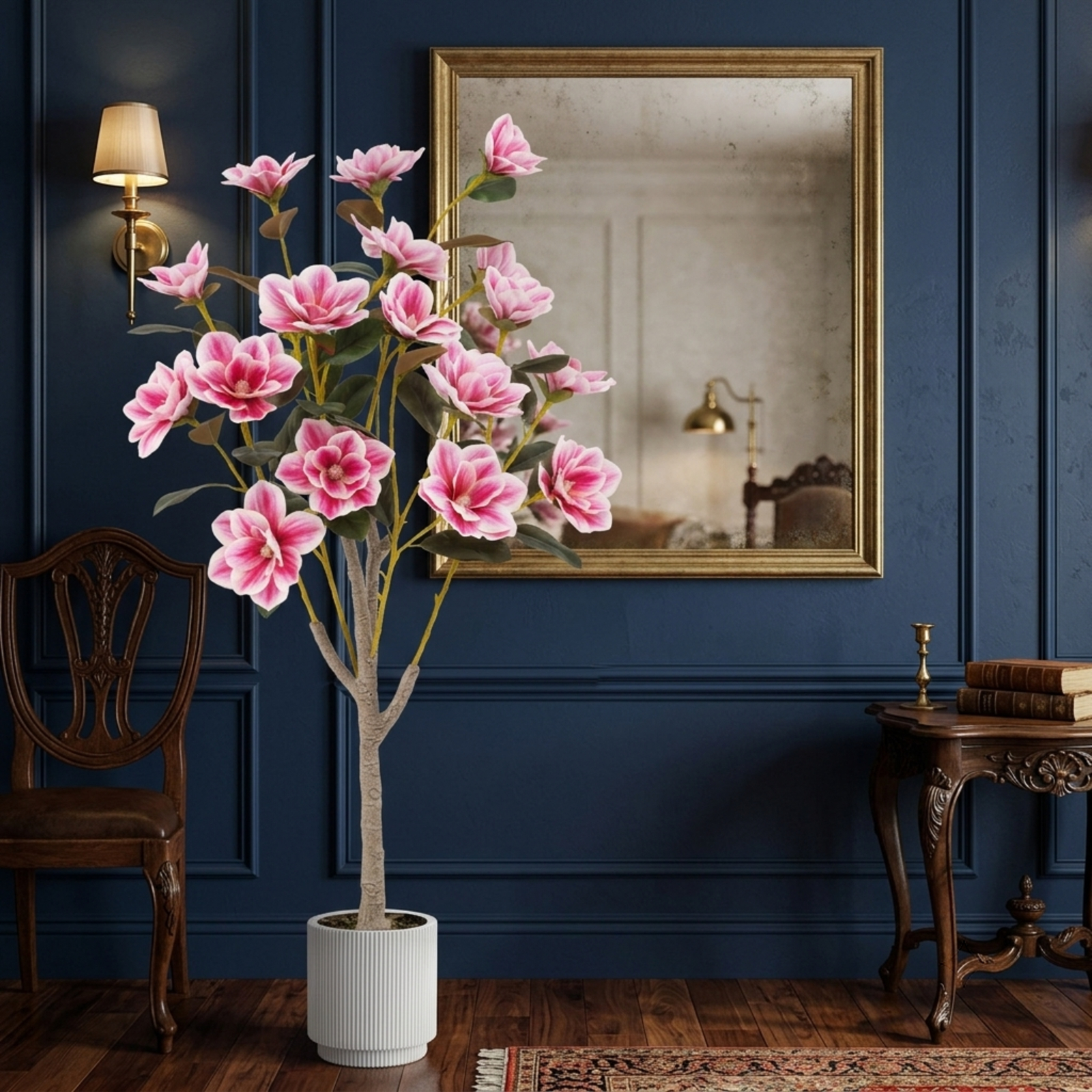 Vebreda 51 in Artificial Magnolia Tree, Faux Potted Flowering Plant with 18 PEVA Magnolia Blooms and Cement-Filled Pot, Indoor Home Office Wedding Decor, Pink