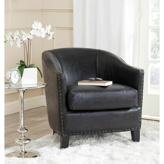 SAFAVIEH Evander Bicast Leather Club Chair, Antique Black with Brass Nail Heads