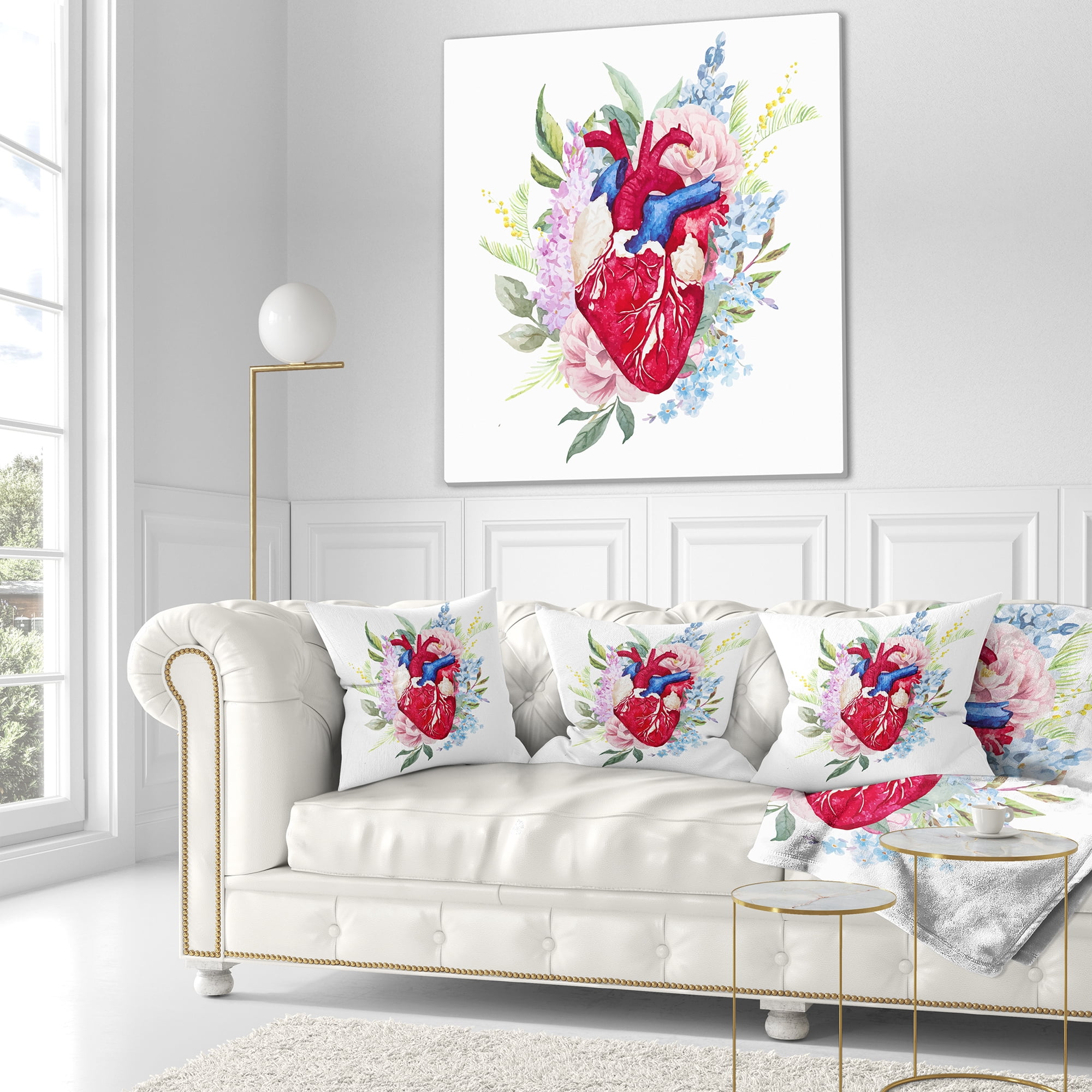 Designart Watercolor Heart with Flowers - Abstract Throw Pillow - 16x16