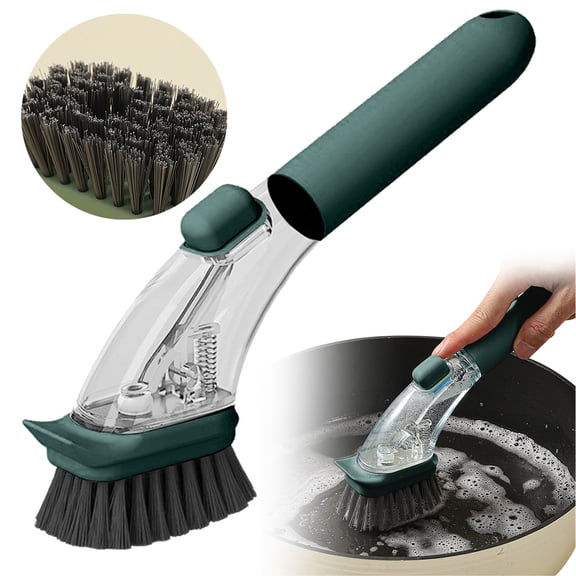 Soap Dispensing Dish Brush with Handle, Kitchen Scrub Brush for Dishes, Pots, Pans & Sink Cleaning (Dark Green)