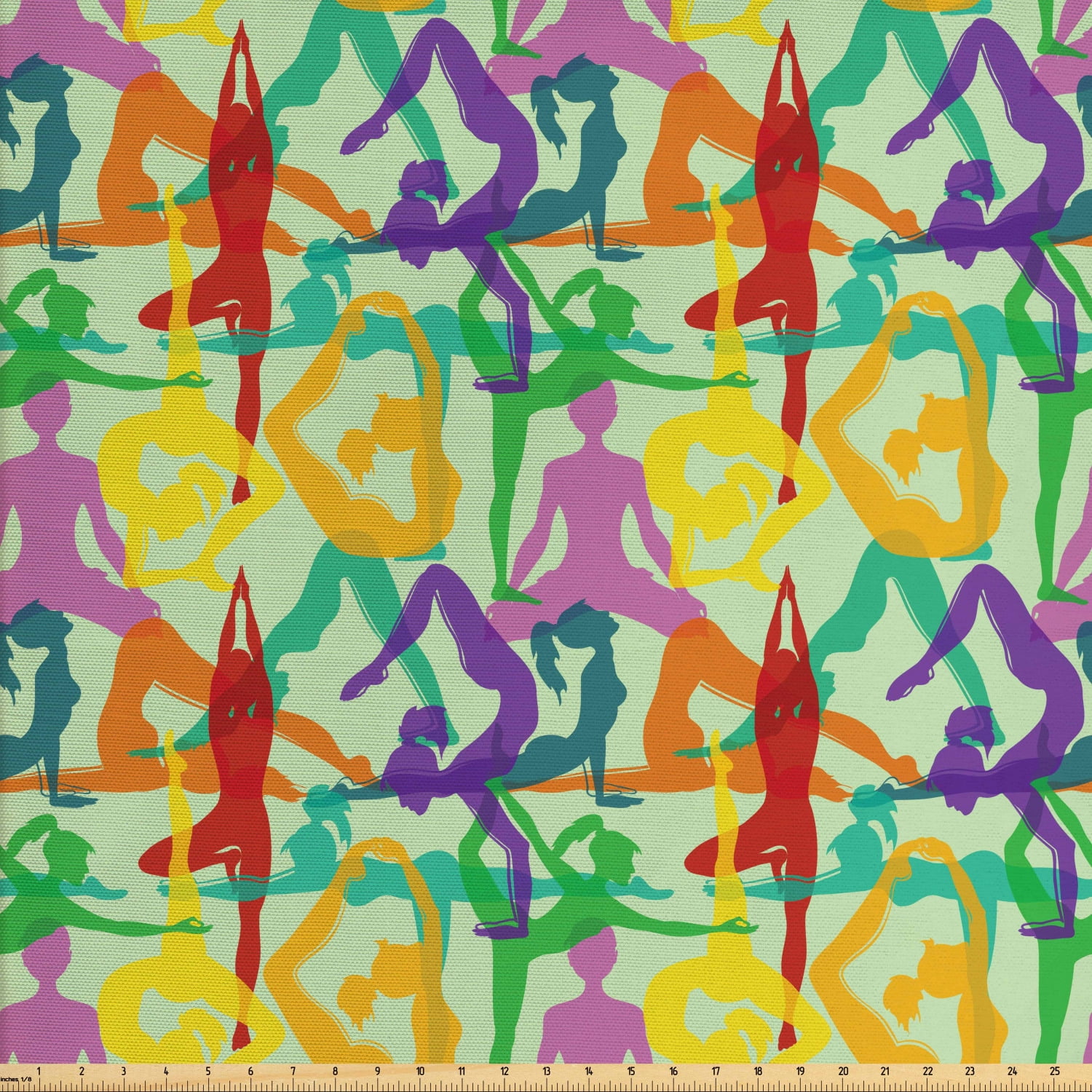 Yoga Fabric by The Yard, Colorful Meditation Pattern with Various Poses