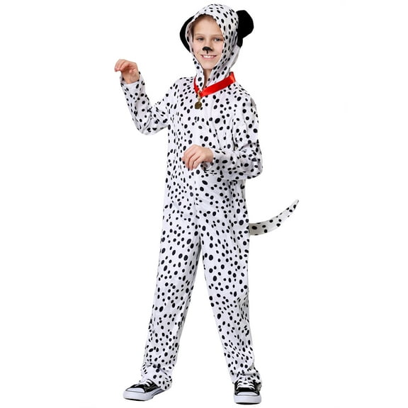 Delightful Dalmatian Costume for Kids, Spotted Dog One-piece, Hooded Jumpsuit with Collar for Halloween