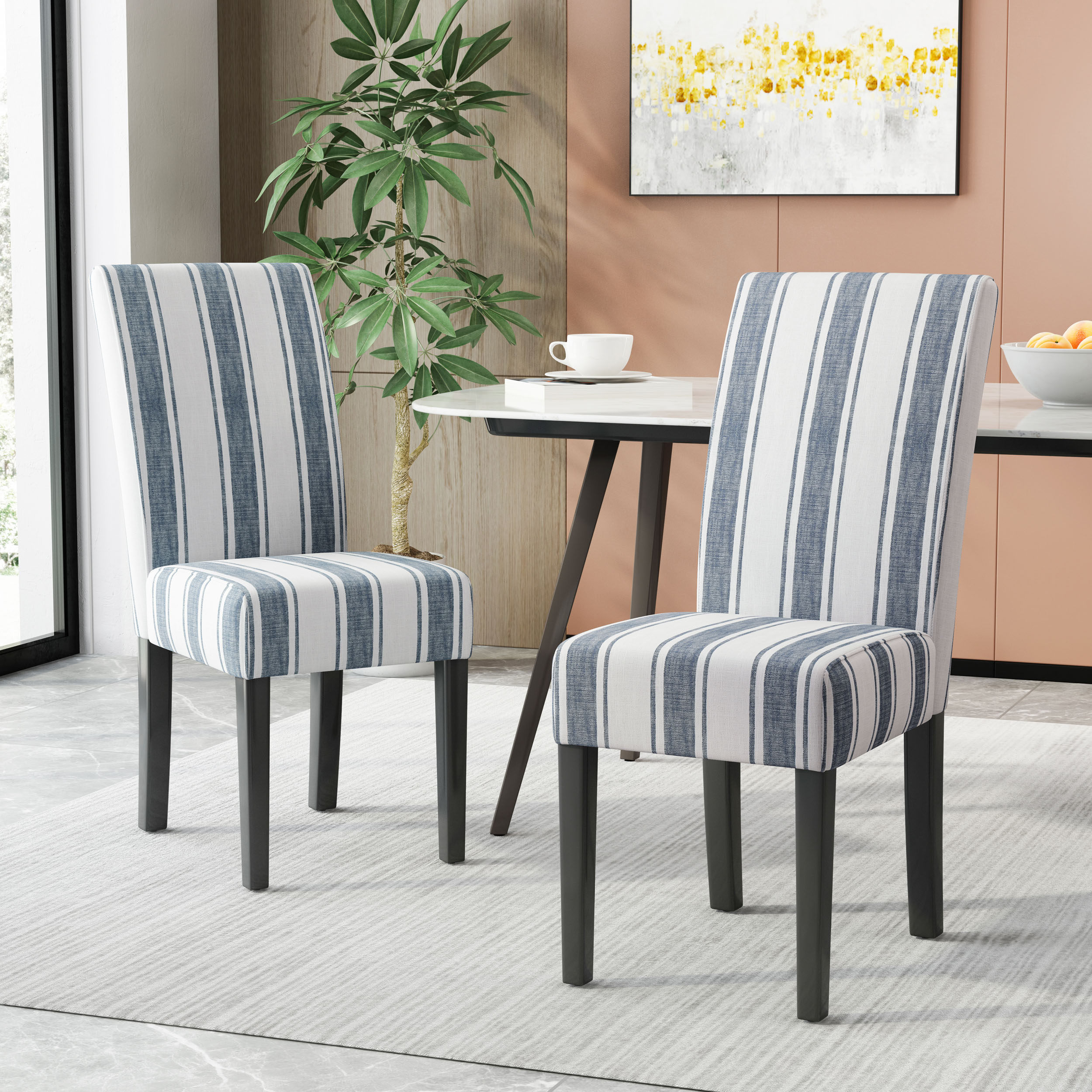 Noble House Asher Fabric Dining Chairs, Set of 2, Dark Blue, Beige, Espresso