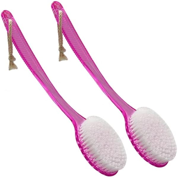 wonima11 Back Bath Brush - Curved Long Handle Shower Brush with Medium Stiff Bristles for Exfoliating Body, Back Scrubber for Men & Women (Pink 2 Pack)