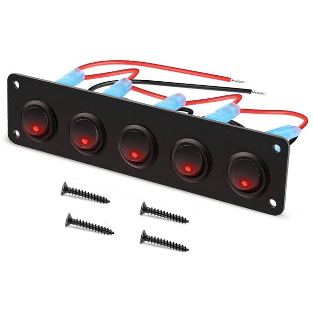 5 Gang Round Dash Rocker Toggle Switch Panel Waterproof 12-24V LED for RV Yacht Marine Car Marine Red