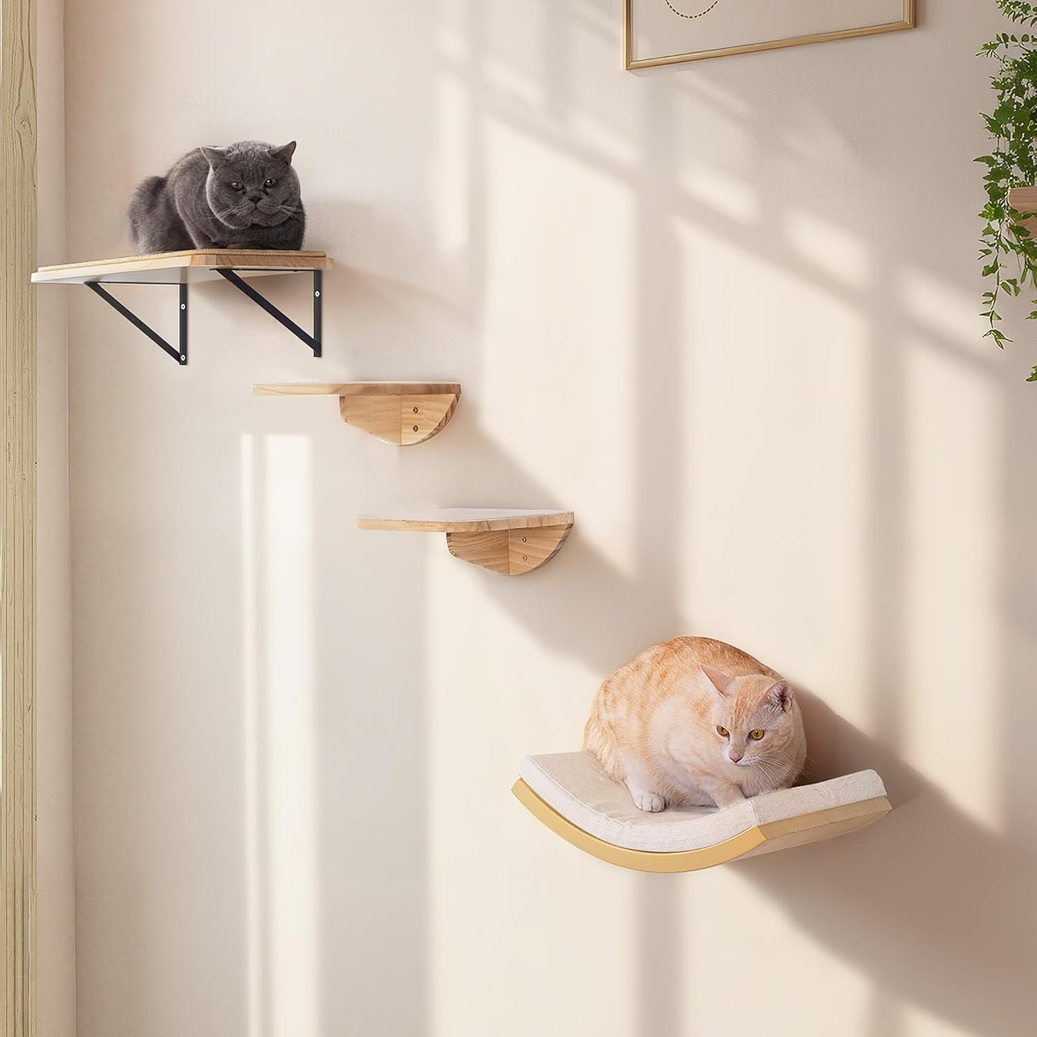 PELUOMOZ Cat Stairs, 2-Piece Wall-Mounted Wooden Steps with Scratching Mat, Climbing Shelf for Perch Platform
