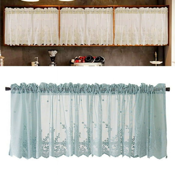 51"*16" Lace Curtain for Kitchen Cafe Bookshelf, Embroidered Semi Sheer Curtain Valances, Blue (Only Curtain)