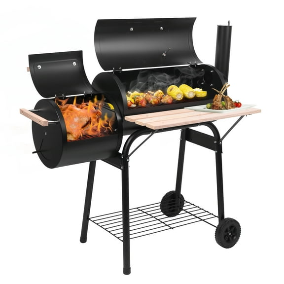 Offset Charcoal Smoker Grill with Built-in Thermometer, Adjustable Vents, and Transport Wheels for Backyard BBQ and Smoking