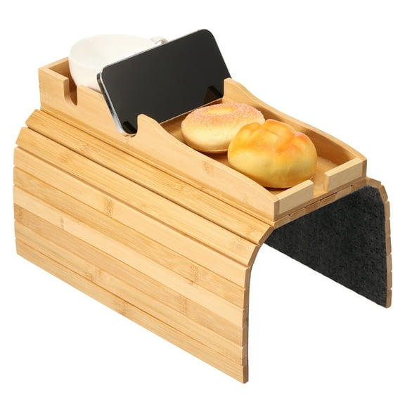 Grusce Couch Cup Holder Tray, Magnetic Detachable Couch Arm Tray, Bamboo Sofa Armrest Table with Anti-Slip Pad, Foldable Sofa Armrest Tray Table for Remote Controls, Phones, Cups and Snacks