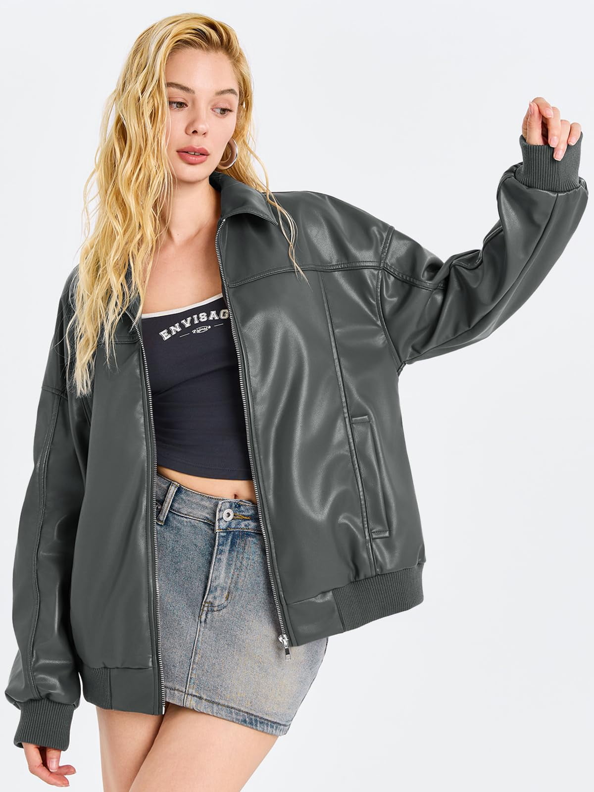 Women Faux Leather Jackets Bomber Casual Zip Moto Biker Coat
