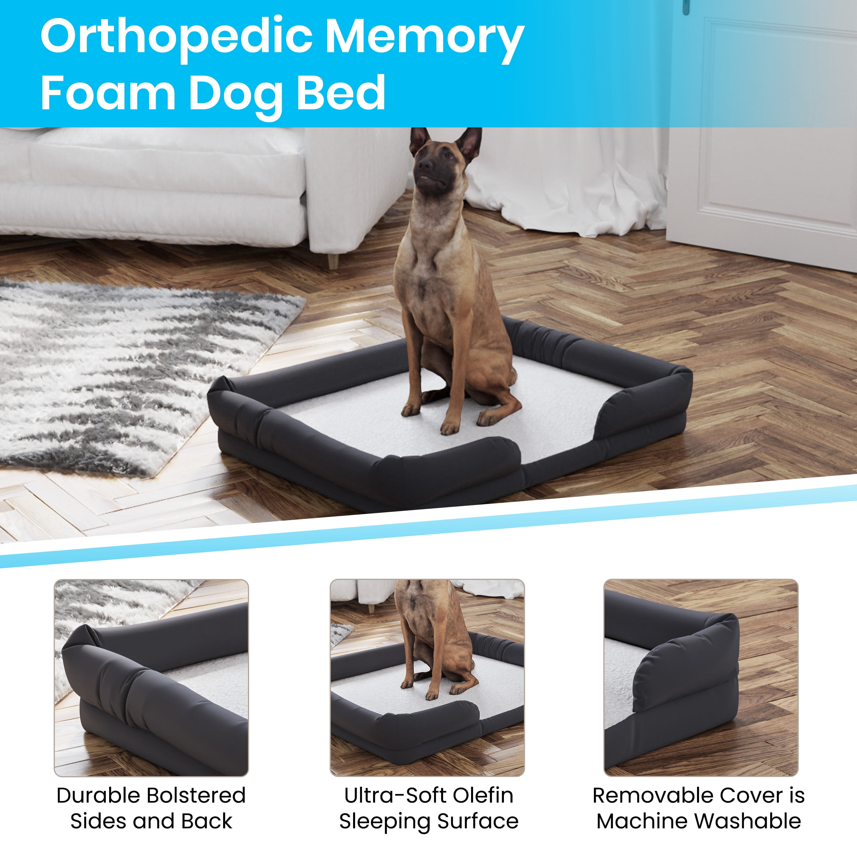 BizChair Orthopedic Comfy Memory Foam Joint Relief Bolster Dog Bed for Dogs up to 44 LBS. - Removable & Washable Cover, Non-Slip Bottom