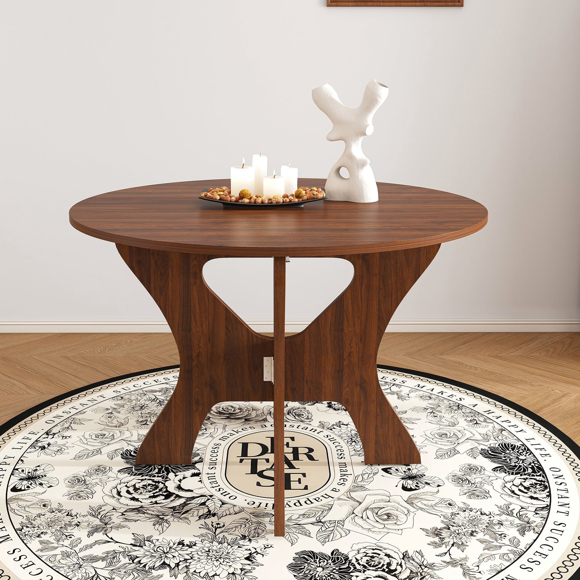 AENKYO 43" Folding Dining Table, Space Saving Drop Leaf Kitchen Table for Small Spaces, Walnut Round Table for 4