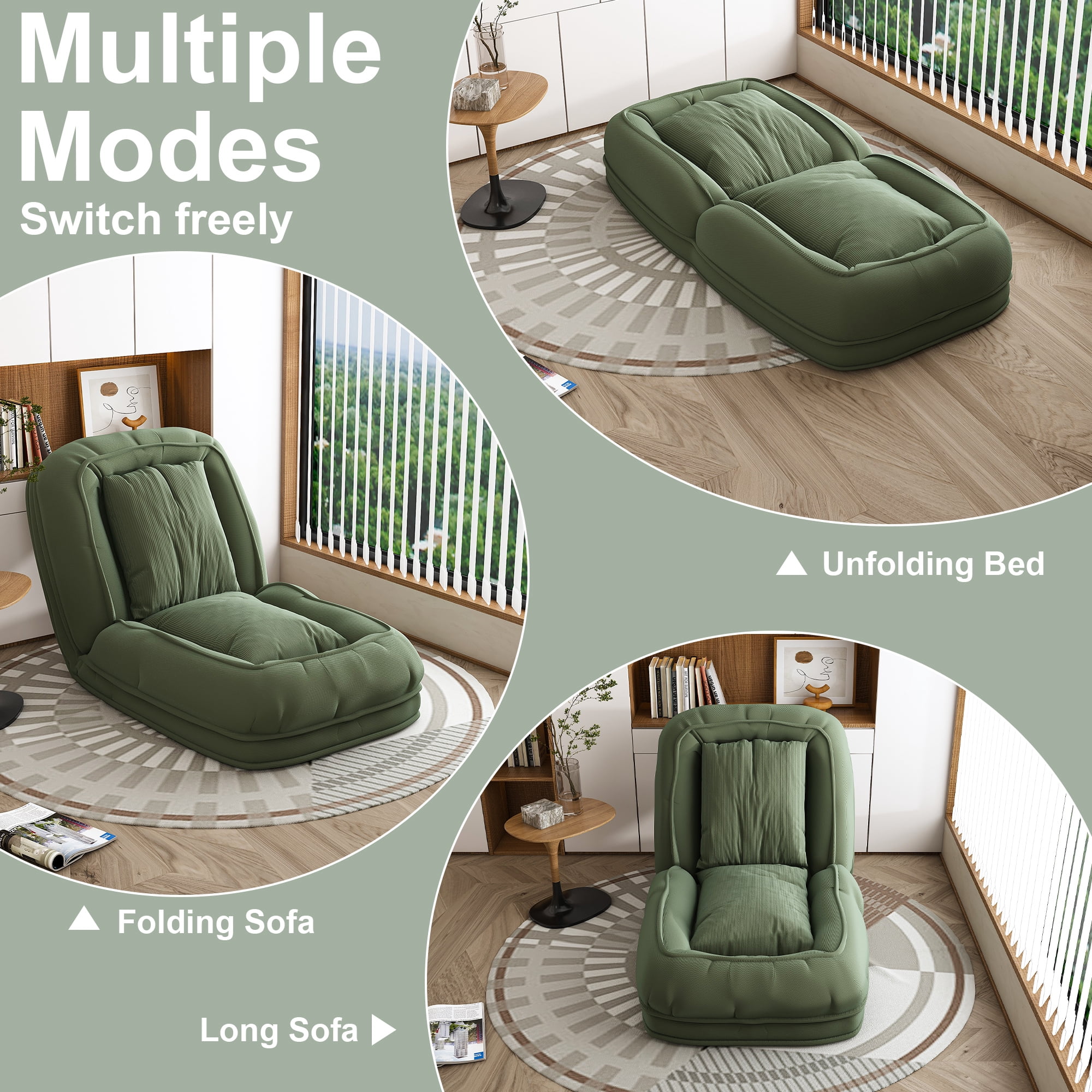 Jopath Foldable Lazy Sofa Bed with 2 Soft Pillows,Human Dog Bed with 5 Adjustable Position for Bedroom Living Room Reading Corner(Green)