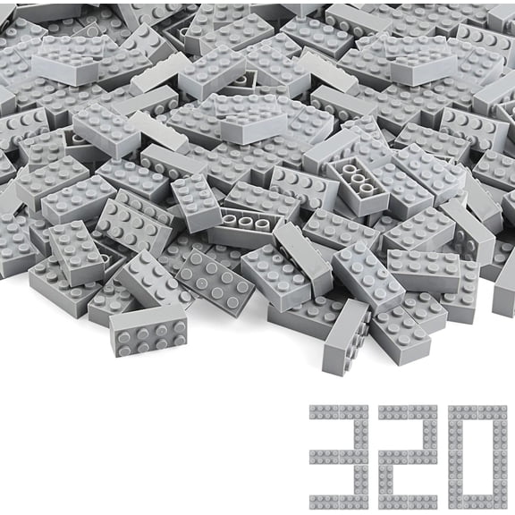 Basic Parts 320 Pieces 2x4 Light Gray Bricks Building Creative Play Blocks Set Toy Accessories Combine with Major Brick Brands (Gray Light)