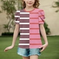 thumbnail image 2 of jobturf Girls Shirts Patchwork Color Block Striped Puff Short Sleeve Blouses Holiday Beach Vacation Basic Tees Summer Tops Size 4-15 Years, 2 of 5