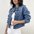 thumbnail image 5 of Yuaguia Women's Vintage Military-Style Denim Jacket, Double-Breasted Button Front Crop Coat with Stand Collar, Soft Stretchy Long Sleeve Jeans Outerwear for Fall Fashion & Daily Wear, Blue L, 5 of 5