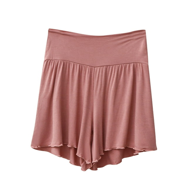 AherBiu Pajamas Shorts for Women Ruffle Wide Leg High Waisted Soft Comfy Sleepwear Bottom Shorts