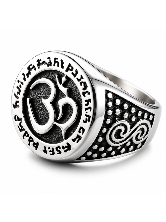 Men's Om Symbol Signet Ring, Stainless Steel Round Face Statement Ring with Raised Details, Dark Recessed Contrast, US Sizes 7-12 for Casual Outfits, Birthday Gift for Him