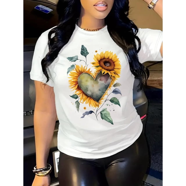 Women's Floral Heart-Shaped Sunflower Print T-Shirt, Casual Crew Neck Short Sleeve Top, All-Season RCamisetas para mujer, lindas camisetas con estampado gráfico, de manga corta, estilo casual, para ve