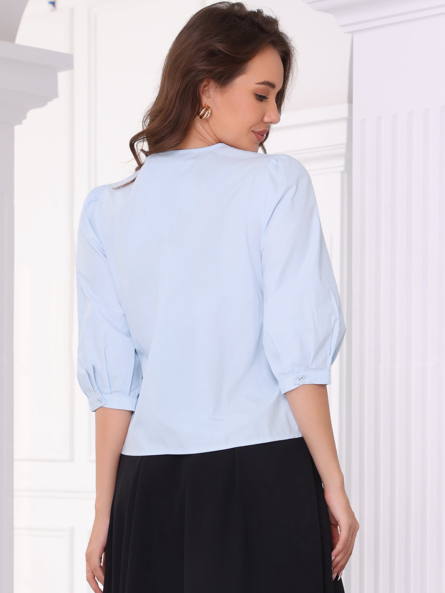 DARING DIVA Women's Puff Sleeve Crew Neck Casual Blouse Top S Blue