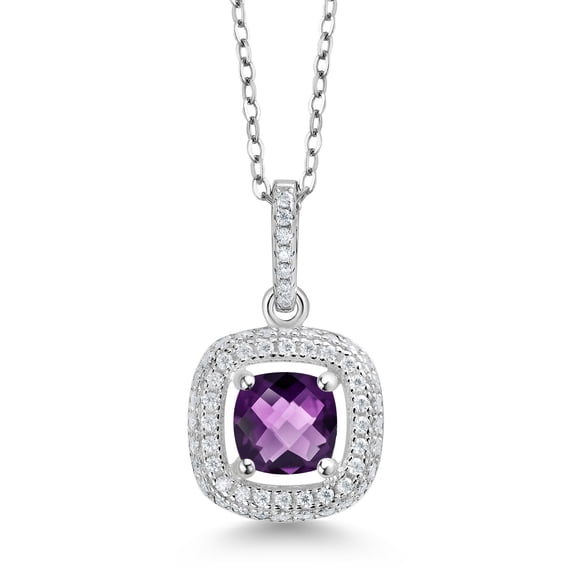 Gem Stone King 925 Sterling Silver Pendant with Chain Cushion Amethyst and White Moissanite (1.00 Cttw)