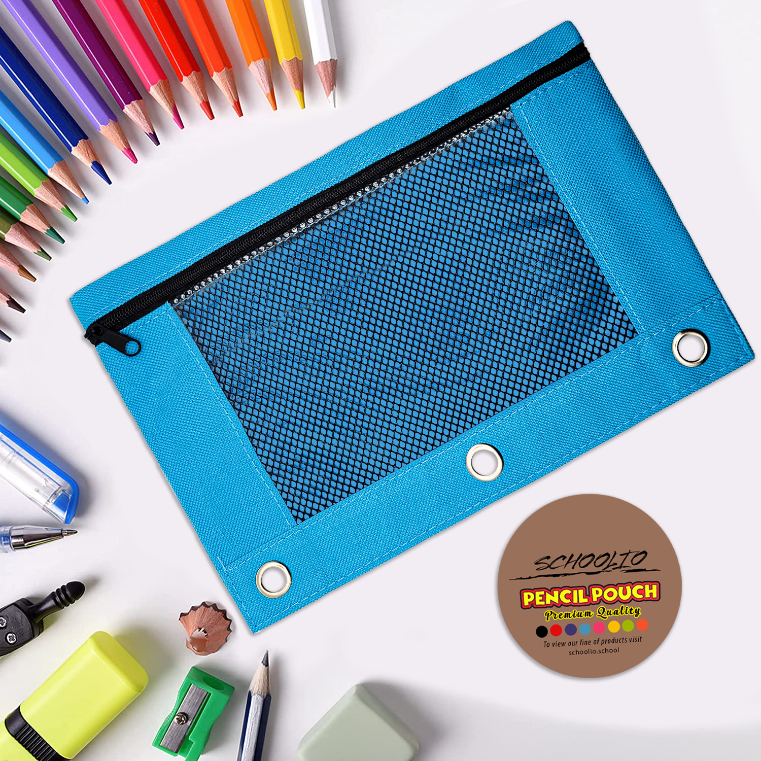 Schoolio Blue Pencil Case for Kids Zipper Pencil Pouch for 3 Ring Binder
