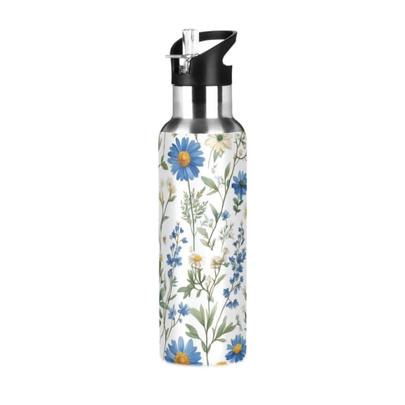 Yayeee 20oz Insulated Water Bottle Double Wall Stainless Steel with Flip Straw Lid, Blue Floral