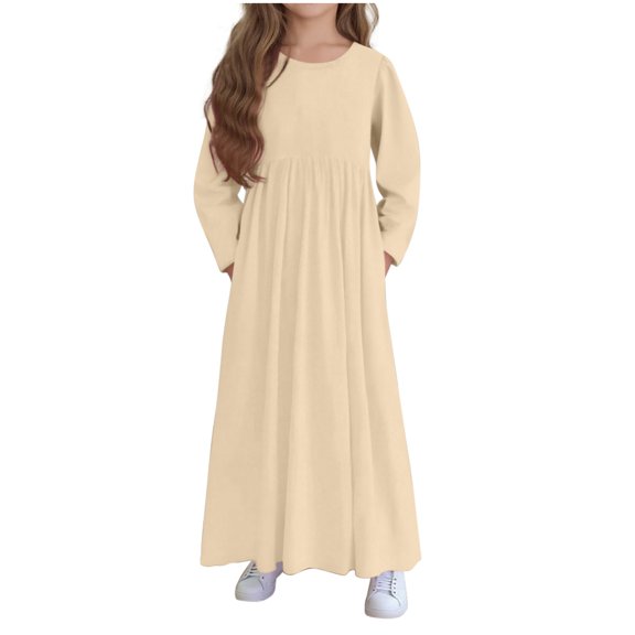 Zpanxa Girls Dresses Girls' Long Sleeve Solid Crew Neck Maxi Dress A-Line School Daily Casual Spring Outfit