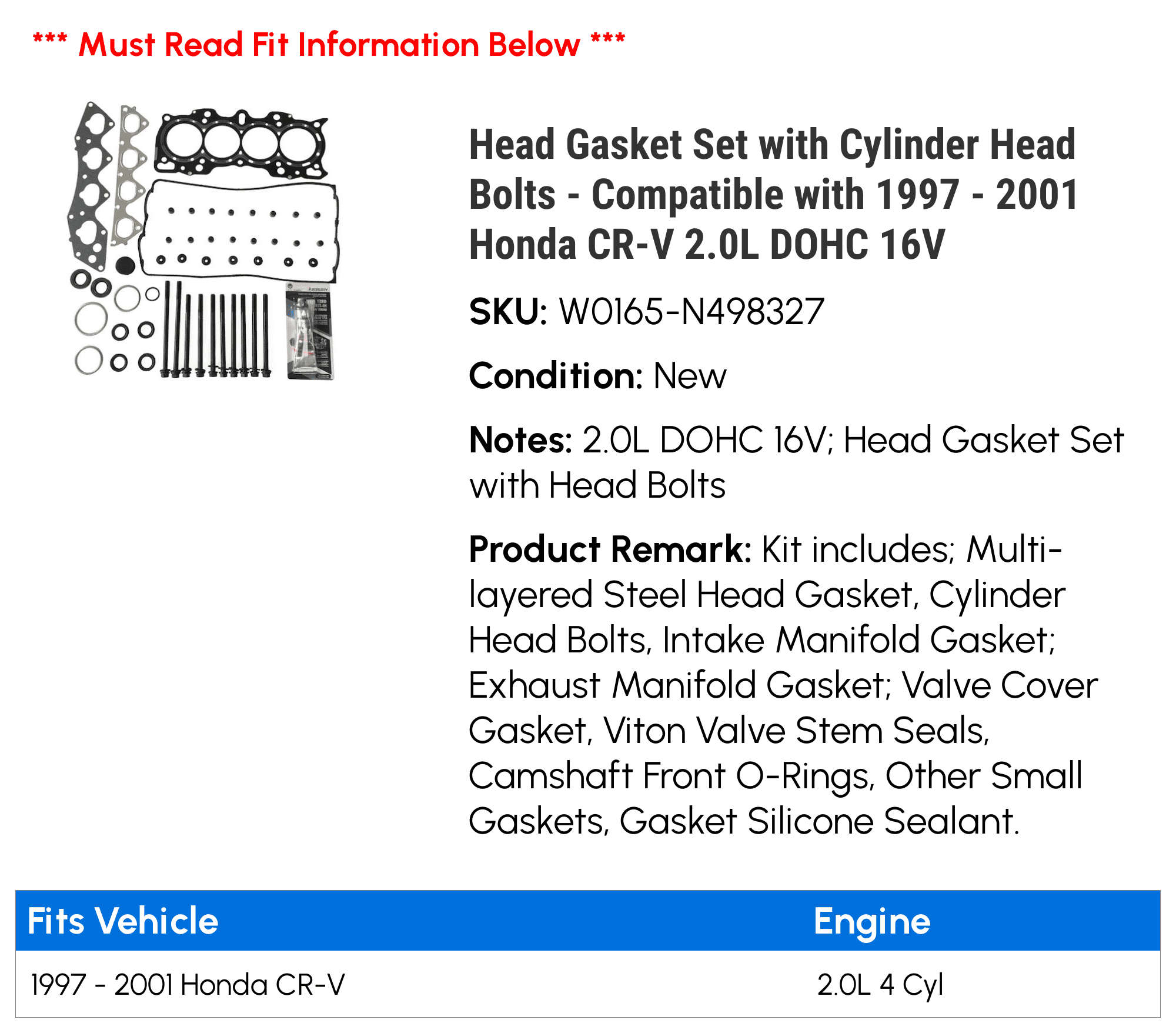 Head Gasket Set with Cylinder Head Bolts Compatible with 1997 2001  Honda CR-V 2.0L DOHC 16V 1998 1999 2000