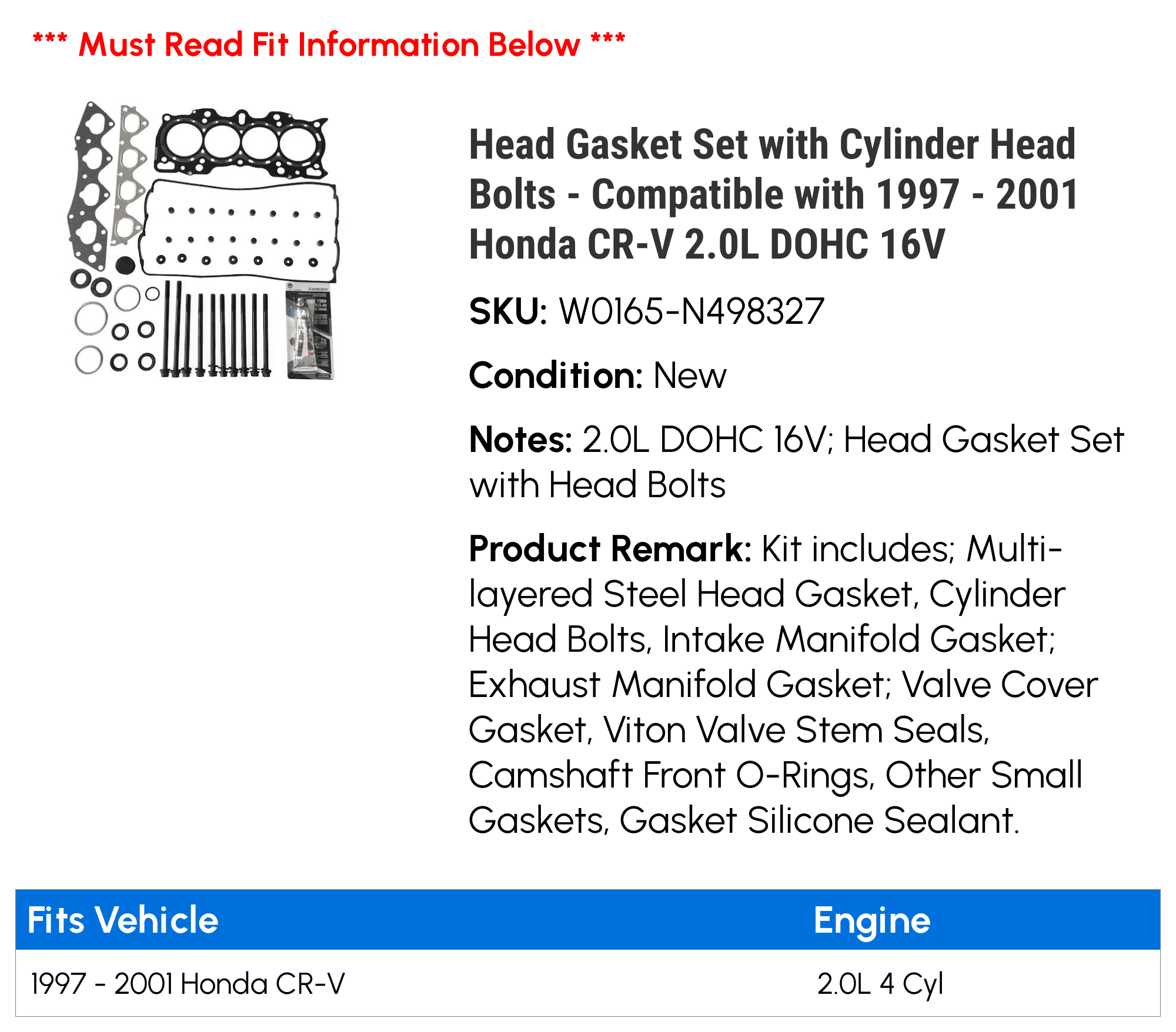 Head Gasket Set with Cylinder Head Bolts - Compatible with 1997 - 2001 Honda CR-V 2.0L DOHC 16V 1998 1999 2000