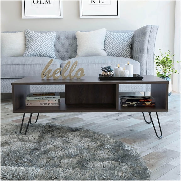 Espresso Modern Coffee Table with 2 Shelves, Industrial Open Side Table for Living Room, Sofa Table with Metal Legs and Particle Board Top