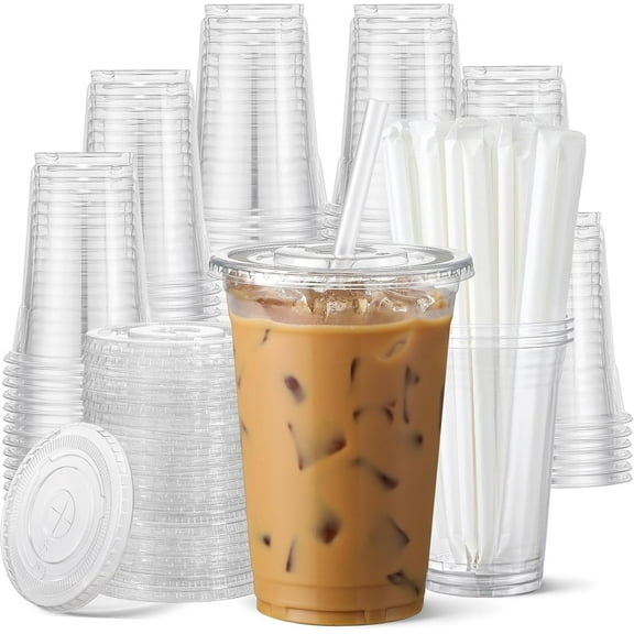 100 Pack - 16 oz Clear Plastic Cups with Lids and Straws, Food Safe Disposable Iced Coffee for Cold Beverages, Smoothies, Coffee, Leak-Proof, BPA-Free
