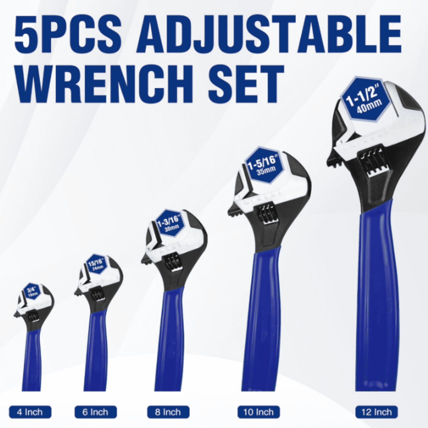 5-piece Adjustable Wrench Set, 4-Inch & 6-Inch & 8-Inch & 10-Inch & 12-Inch Wrenches, Wide Jaw Black Oxide Wrench, Metric & SAE Scales, Cr-V Steel, for Home, Garage, Workshop