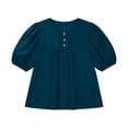 thumbnail image 4 of Craaazy Women Casual Round Neck Blouse, Solid Color Short Sleeve Puff Sleeve Top, Loose Fit Comfy Ruched Front Tee for Daily Wear Gifts, 4 of 5