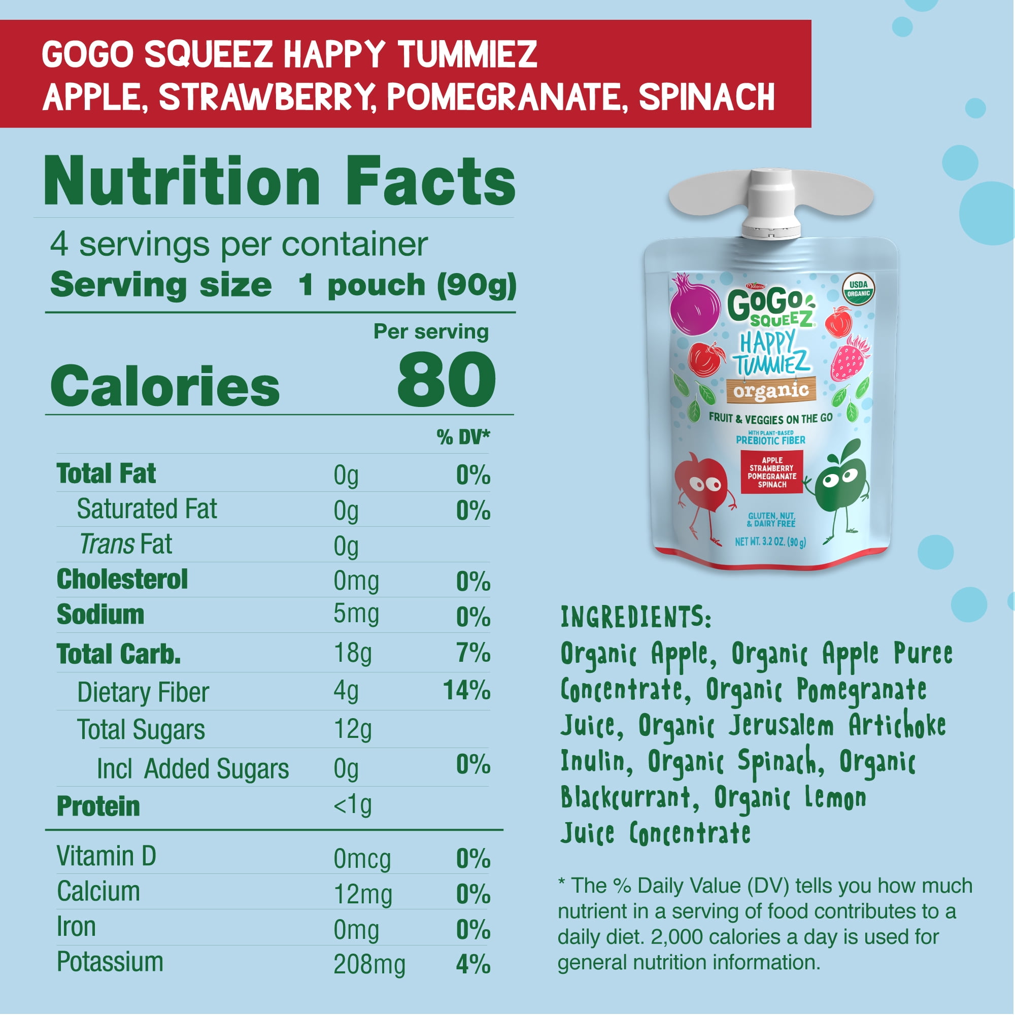 GoGo squeeZ Happy TummieZ Apple Pear Yellow Carrot Raspberry and Organic Apple Strawberry Pomegranate Spinach Snack Pouches, 3.2 oz, 10 Pack
